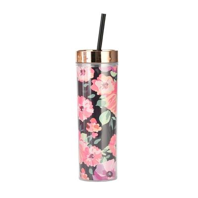 China Disposable Custom 16oz Double Wall Flower Design Paper Insert Insulated Slim Plastic Vaso Tumblers For Mother's Day Gift for sale