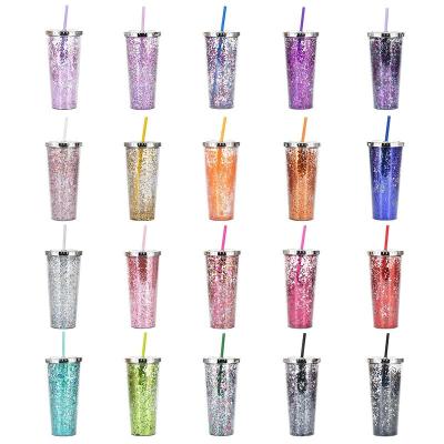 China 24oz Sustainable Wall Bottle Double Wall Bottle Glitter Bling Drinkware Plastic Eco Eco With Straw Friendly Shining Tumbler for sale