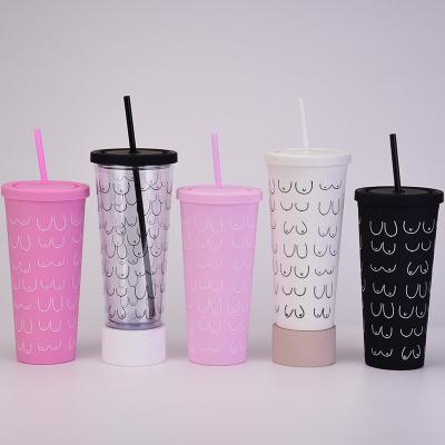 China New Custom OEM 24oz Double Wall Tumbler Drinking Bottle Minimalist Wholesale Plastic Cup Matte Plastic Eco-friendly With Lids And Straw for sale