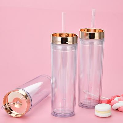 China ROSE GOLD Skinny Tumbler Cup Colored Clear Acrylic Plastic Water Bottle Double Wall Tumbler With Lids And Straw for sale