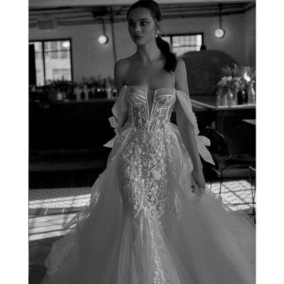 China Breathable Deep V Neckline Lace Applique Mermaid Wedding Dress 2022 Beaded Off-Shoulder Wedding Dress With Detachable Soft Train for sale