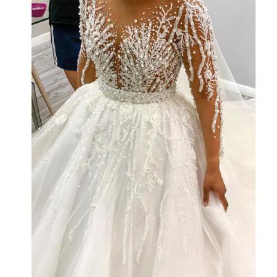 China 2022 Breathable Luxury Kind Heavy Beading Long Sleeve Mermaid Wedding Dress Bridal Gown With Long Detachable Tulle Train for sale