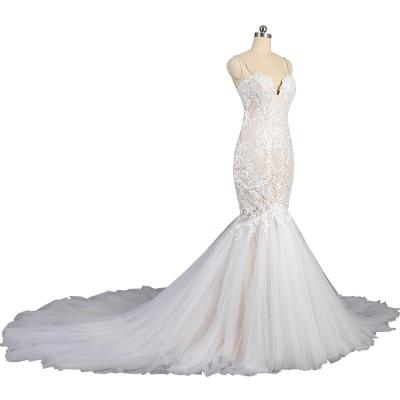 China 2022 Custom Breathable Romantic Spaghetti Strap Lace Applique Mermaid Wedding Dress Bridal Gown for sale