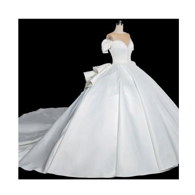 China Custom Breathable Pearl Beading Short Sleeve Satin Ball Gown Wedding Dress High Quality Wedding Dress for sale