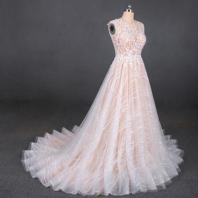 China Breathable Romantic French Sequins Lace Up Backless Summer Wedding Dress Champagne A Line Bridal Gown for sale