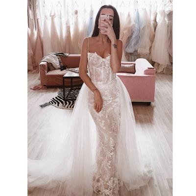 China Breathable Mermaid Bride Dress Spaghetti Straps Embroidered Lace Applique Mermaid Wedding Dress Bridal Gown With Soft Tulle Top Skirt for sale