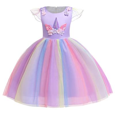 China Wholesale Purple Rainbow Breathable Gauze Dress With Short Sleeves For Girl Unicorn Dresses Cotton Princess Dress for sale