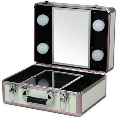 China ABS+Aluminum Mid Size Aluminum Makeup Suitcase No Legs 4 Bulbs Design With Mirror for sale