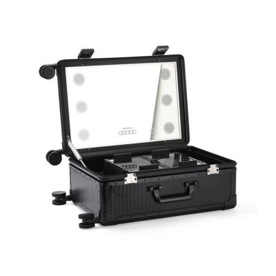 China Travel Durable Aluminum Train Case Makeup Rolling Light Carry Professional Makeup Artist Makeup Suitcase for sale