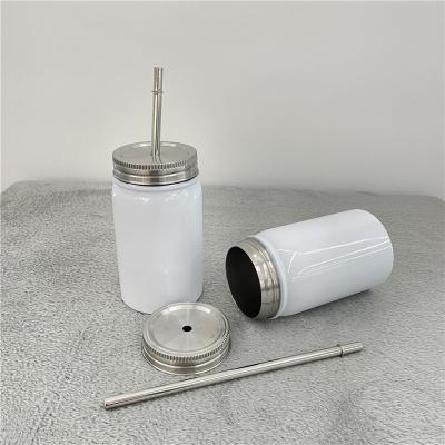 China DIY Hot Viable Double Wall Vacuum Insulated Stainless Steel Sublimation Blanks Mason Jar With Metal Straws And Sublimation Shrink Wrap for sale