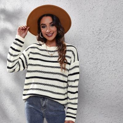 China Anti-wrinkle New Style Custom Loose Striped Design Pull Over Woman Autumn Long Sleeve Crew Neck Knitted Women's Pullover Sweaters for sale