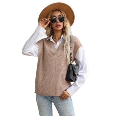 China Anti-wrinkle factory supply fashion winter/autumn casual v-neck beige sleeves knit sweater vest simple v-neck for sale