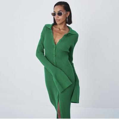 China 2022 Anti-Static Fashion Knit Long Wrap Dress One-Piece V-Neck Button Flared Winter Autumn Women Elegant Green Dress Sleeves Dress for sale