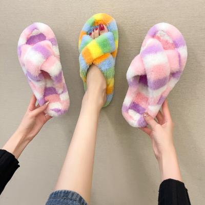 China New Style Fashion Trend Cross Band Soft Plush Slippers Furry Home Shoes Women's Sandals Flip Flop Indoor Outdoor Fur for sale