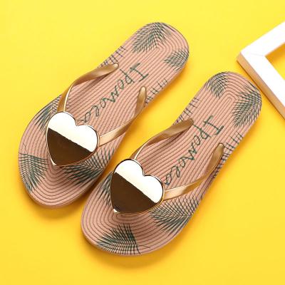 China Popular summer women round slides sandal with love decoration ladies slipper printed flat slides for girl for sale