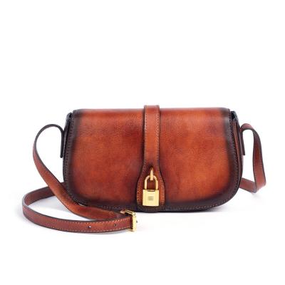 China Vintage Simple High Quality Top Layer Whip Genuine Leather Messenger Bag Girl Single Cross Body Shoulder Bag Small Saddle for sale