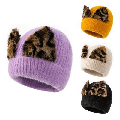 China YN Trendy 2021 Cute Polyester Knitted Hats Lady Girl Headgear Crochet Cat Kitty Ears Beanie Hats Women Winter Fashion Hat Leopard for sale