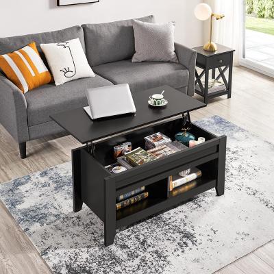 China 19.2 Inch Convertible Height Black With Two Open Shelves Hidden Modern Storage Room Office Lift Coffee Table for sale