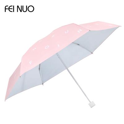 China Three Fold Mini Umbrella Factory Supply 6k Proof UV Letter Printing 3 Fold Umbrella With White ABS Coating Handle for sale