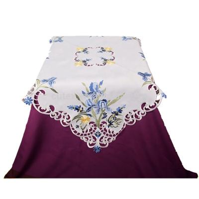 China Machine Washable 100% Polyester Wedding Orchid Embroidered Table Cloth With Hand Cutwork for sale