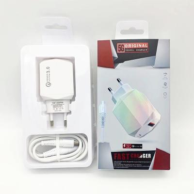 China Universal QC 3.0 Fast Charger EU Plug Single USB Phone Charger + USB Cable Mobile Phone Left Fast Charger for sale