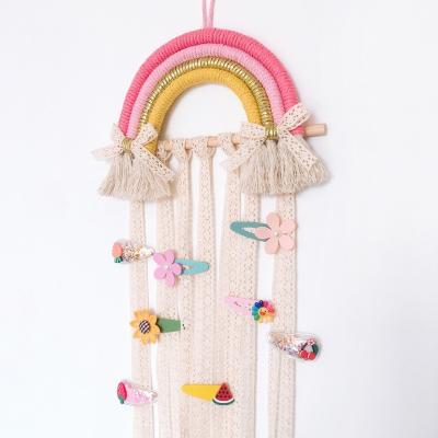 China 100% Handwoven Children's Wall Hanging Design Rainbow Home Decorations Macrame Handmade Wall Hanging Belt Storage Hairpin Hair Accessories for sale