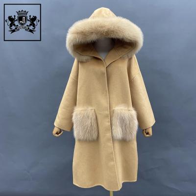 China New Design Breathable Winter Autumn Hooded Woolen Coat Women Long Casual Cashmere With Fox Fur Trim for sale