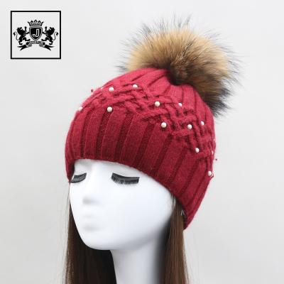 China Wholesale Custom Real Raccoon Beanie Hat COMMON Cashmere Knitted Hat Girls Winter Fashion Fur Pom Thick Warm Pom Hat for sale