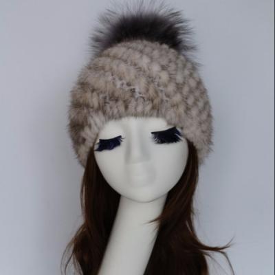 China COMMON knitted mink fur hat with a big size fox fur pom pom for sale