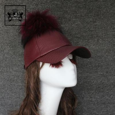 China Hot Sale JOINT PU Leather Baseball Caps Leather Snapback Hat With Big Raccoon Fur Pom Poms For Women for sale