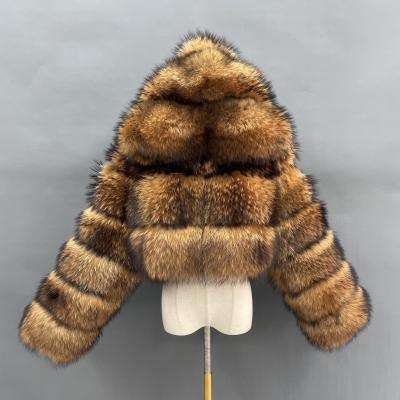 China Viable Natural Brown Hooded Short Fur Coat Raccoon Fox Fur Coat Plus Size Real Style Crop Raccoon Fur Coat Women for sale