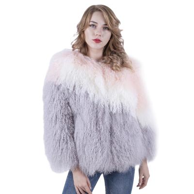 China Popular lady design fashion star real lamb fur jacket Mongolian mix colors wholesale anti-shrink fur coat for sale