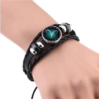 China Bracelets Leather Fashion 12 Retro DIY Women's Wholesale Custom Creative Constellation Woven Bracelet Leather Jewelry for sale