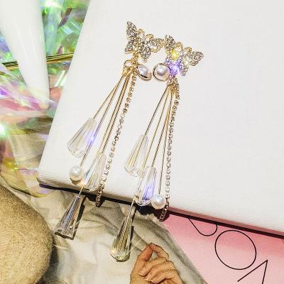 China Female Butterfly Crystal Silver Superb Fairy Crystal Temperament Needle Earring S925 Long Tassel Earrings for sale