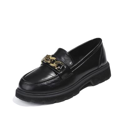 China Lightweight Black Chunky Loafers With Round Head And High Chain Buckle College Style Casual Leather Shoes for sale