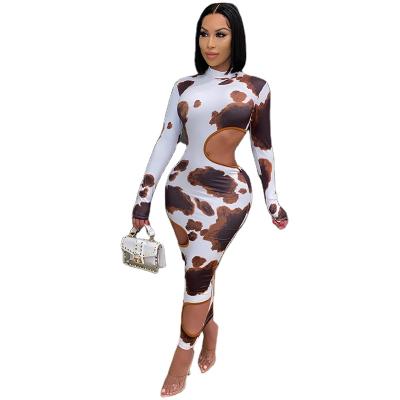 China 2021 New Arrival Breathable Spring Long Sleeve Cow Printed Hollow Out Bodycon Dress Women Casual Dresses for sale