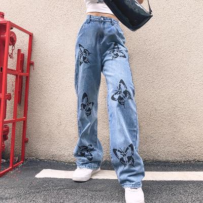 China Casual Autumn Women All-match Vintage Waist Print Jeans Loose Zipper Long Pants Plus Cotton 2021 Fashion Streetwear jeans for sale