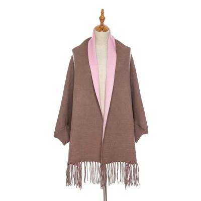 China Luxury High Quality Ladies Khaki Cashmere Ponchos With Tassels Winter Shawl Scarf Shawls With Sleeves for sale