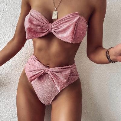 China Dropshipping Breathable Summer Shine Two Piece Swimwear Young Women Solid Removable Big Cups Rose Bow for sale