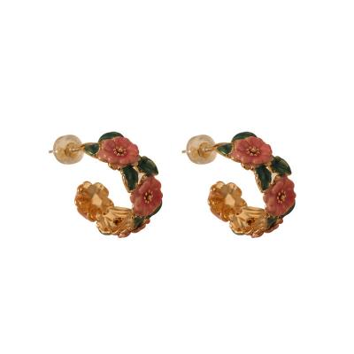 China Vintage Original French Vintage Colored Camellia Enamel Dropped Oil Earrings New Earrings Fashion Women Jewelry for sale