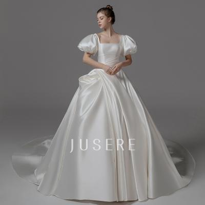 China Elegant square neckline short sleeves anti-static ruched line wedding dress satin wedding dress for sale