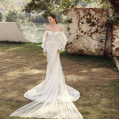 China New Design Anti-Static Off The Shoulder Long Sleeves Lace Up Appliques Beaded Beautiful Train Mermaid Trumpet Wedding Dress Bridal Gown for sale