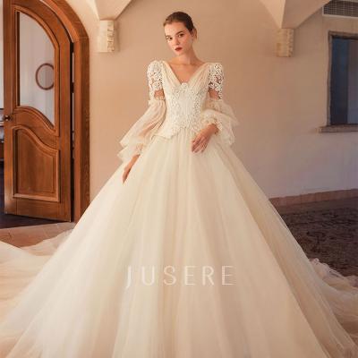 China New Design V Neck Puff Sleeves Anti-Static Pleated Lace Applique A Line Wedding Dress Vintage Elegant Wedding Dress for sale