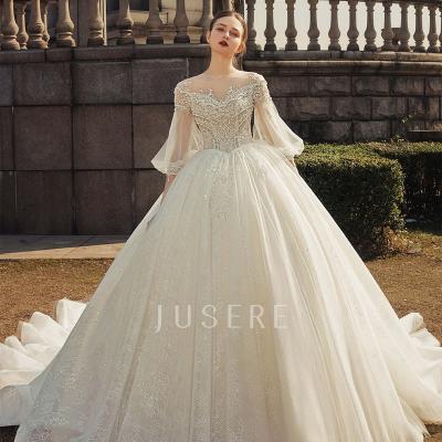 China New Collection Anti-Static Big Scoop Neckline Heavy Beaded Sparkly Beaded Puff Sleeves Sparkly Skirt A Line Wedding Dress Bridal Gown for sale