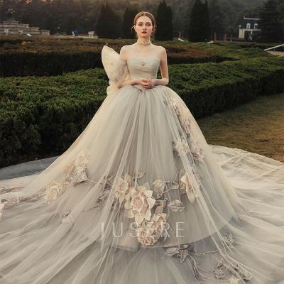 China New Design Anti-Static Blue Gray Strapless Pleated Bodice Bow Sheath 3D Flowers Ball Gown Evening Dress Prom Dress for sale