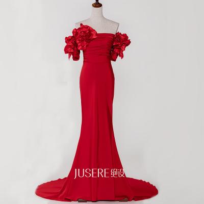 China Jusere Anti-Static 2022 Red Formal Dresses Mermaid Flower Evening Dresses Custom Made Handmade Strapless Decorations Long for sale