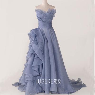 China Jusere Anti-Static 2022 Custom Made Ruffles Strapless Gray Organza Formal Evening Dresses Elegant A Line Long Party Dress For Women for sale