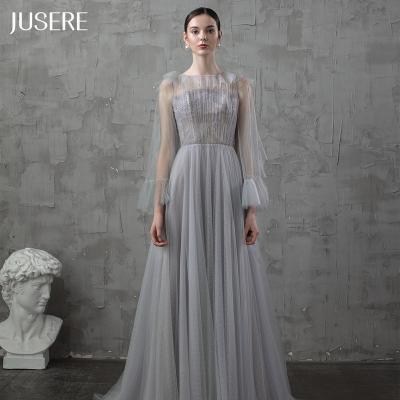 China New Design Anti-Static Gray Puff Sleeves Long Line Chiffon Evening Dress Prom Dress Mother Dress for sale