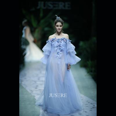 China Jusere Anti-Static Fashion Show Off The Shoulder Puff Sleeves 3d Flowers Line Purple Evening Dress Prom Dress for sale