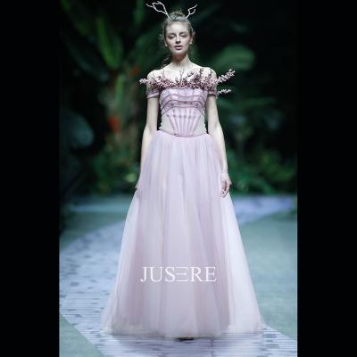 China Fashion Show Anti-static Pink Jusere Strapless Pleated Bodice Line Evening Dress Prom Dress for sale